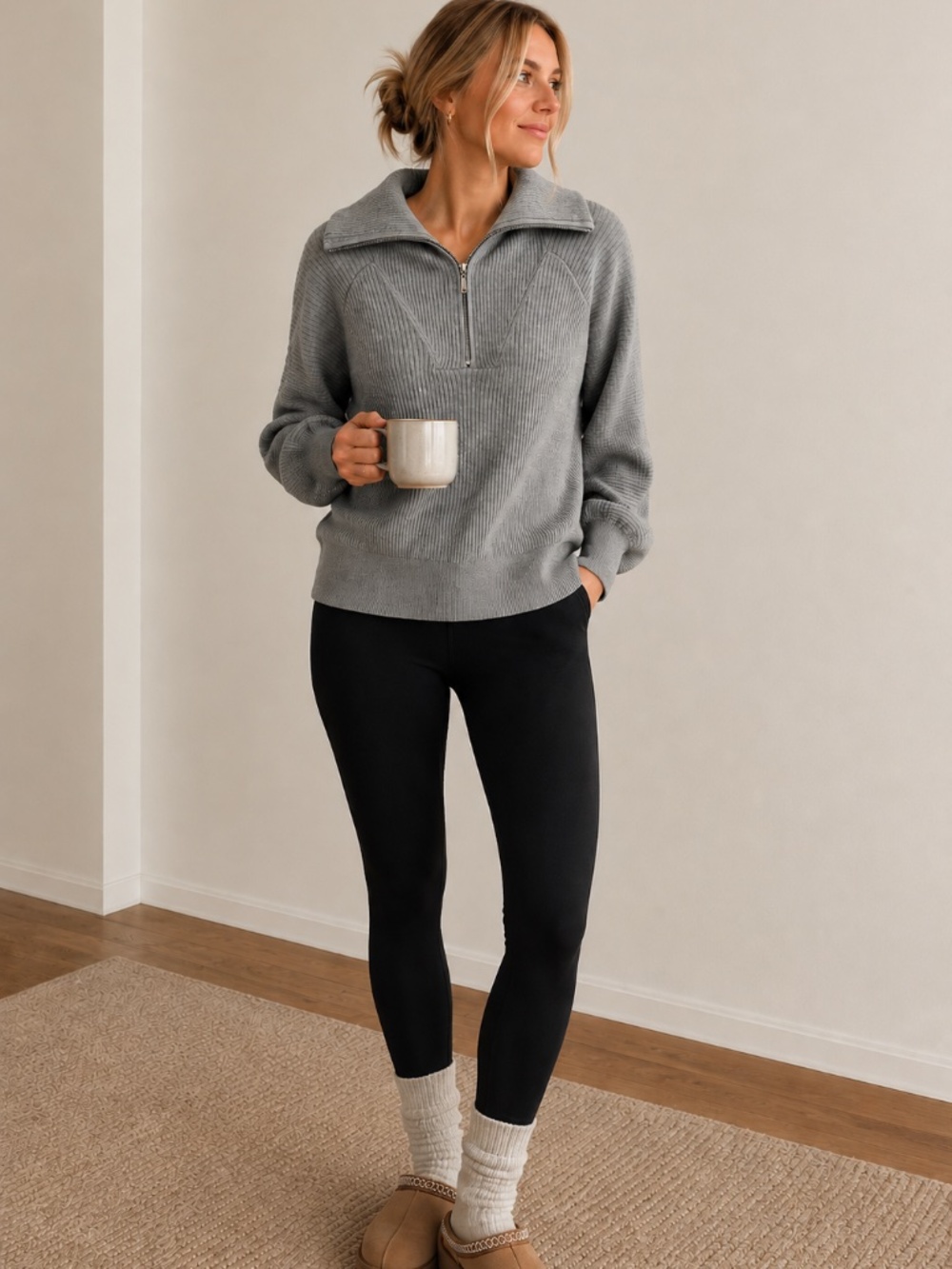 Super Soft Stretchy Light Gray Ribbed Half-Zip Pullover with Balloon Sleeves